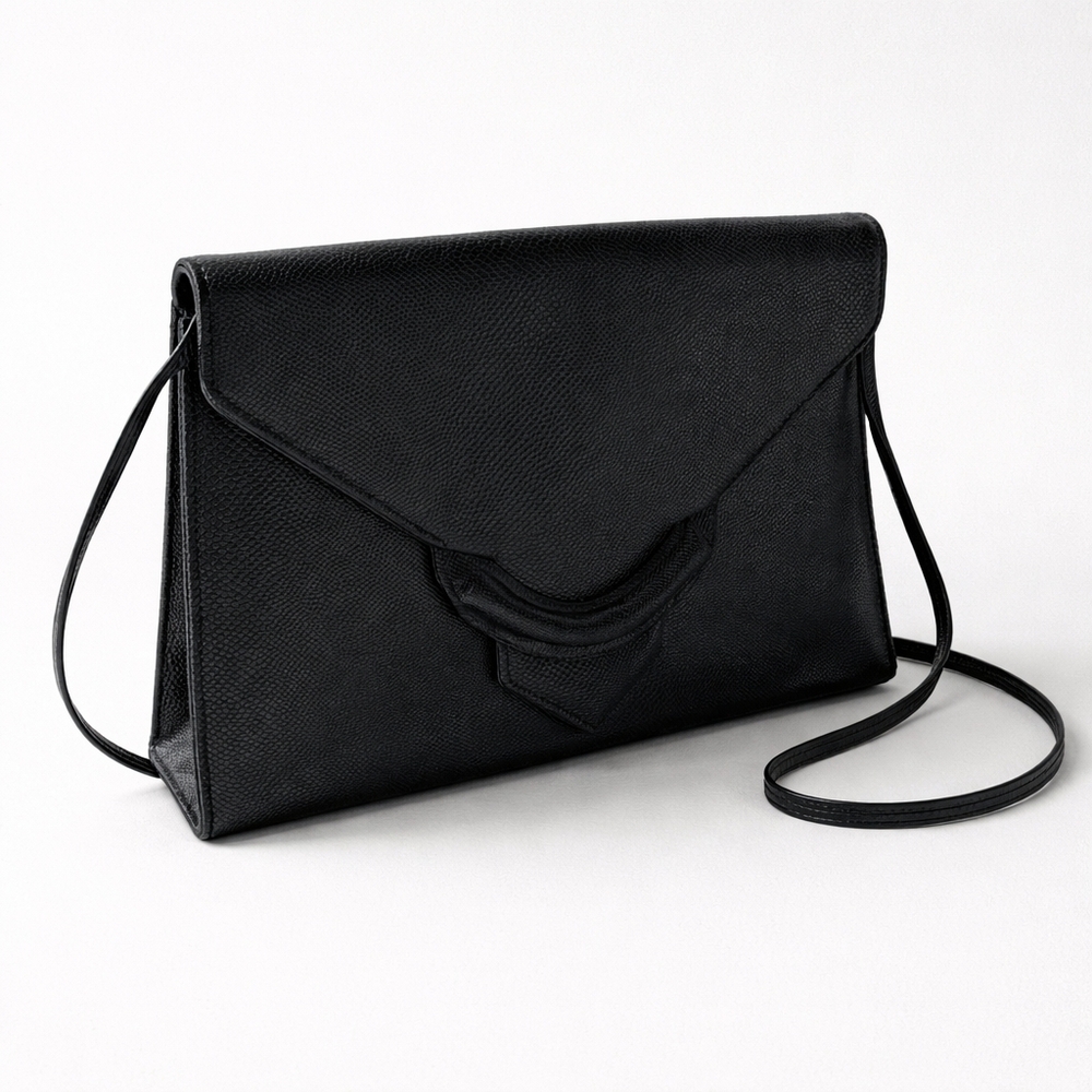 Vintage Black Structured Crossbody Clutch Faux Leather Minimalist Quiet Luxary